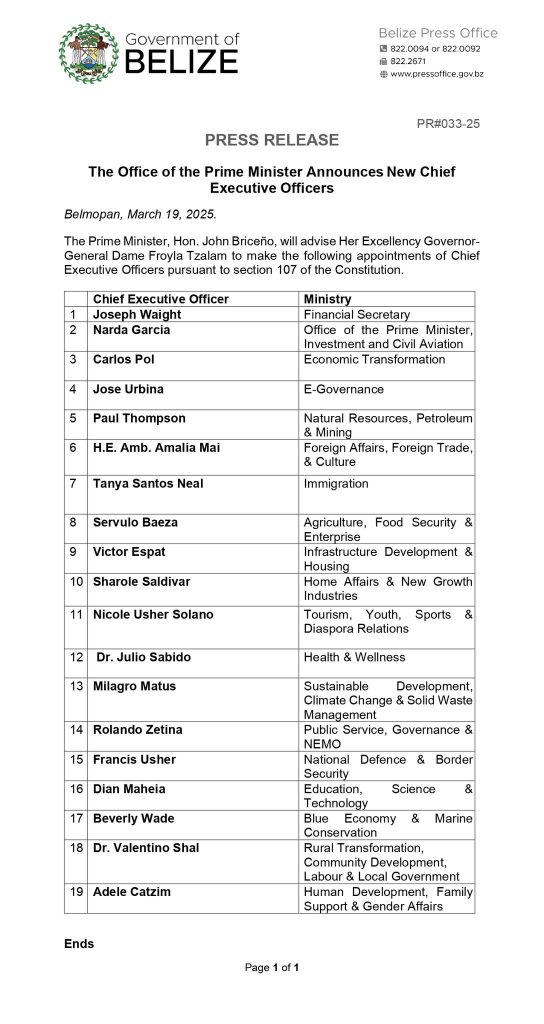 Belize Government announces 19 CEO appointments across Ministries