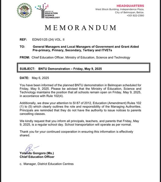 Schools to remain open during BNTU demonstration on May 9, 2025