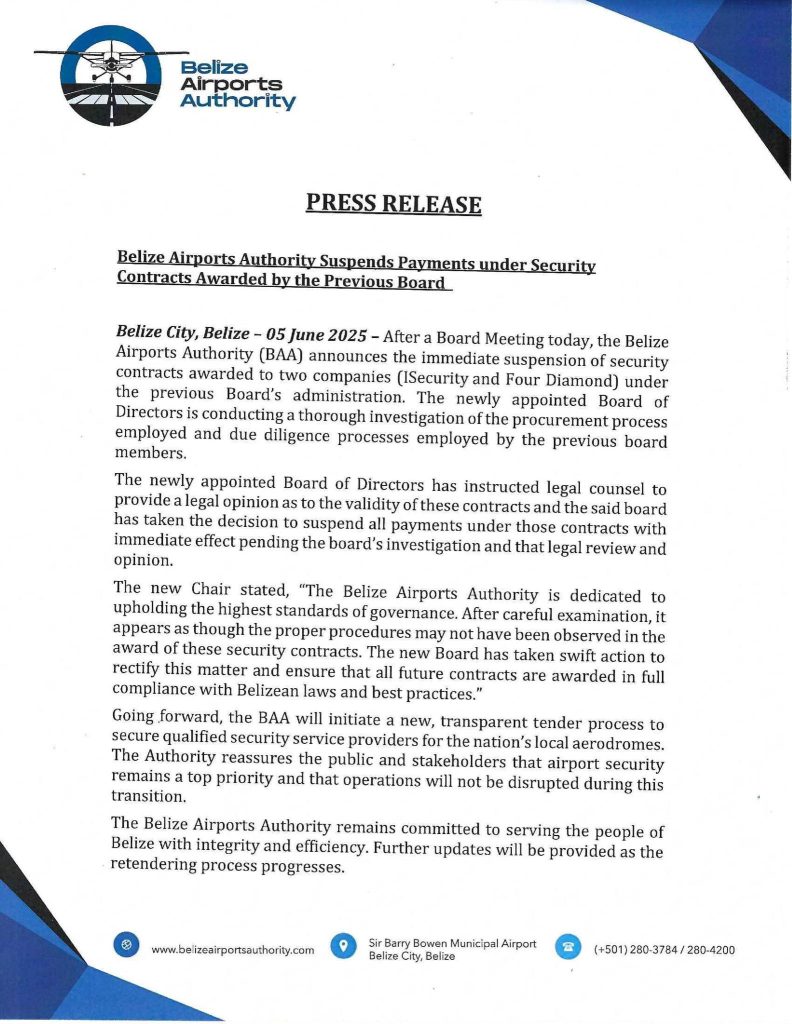 Belize Airports Authority suspends payments on security contracts pending investigation