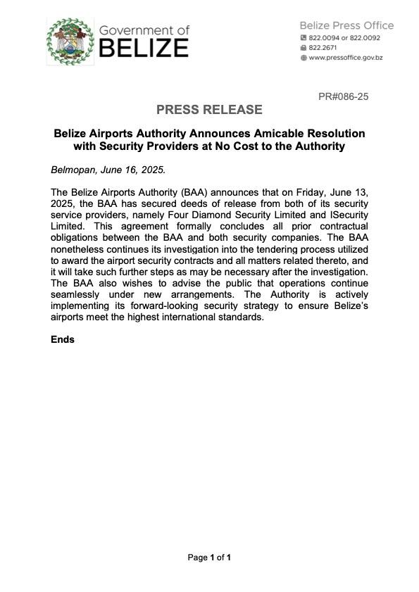 Belize Airports Authority resolves security contract dispute at no cost to public