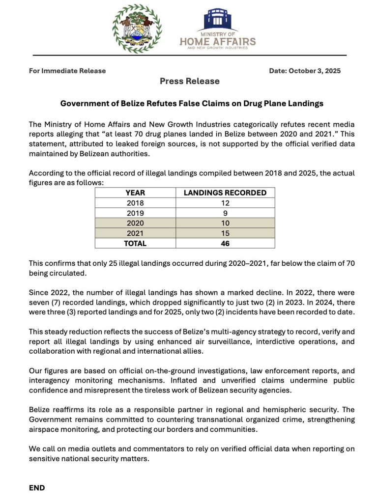 Government of Belize rejects false claims of 70 drug plane landings