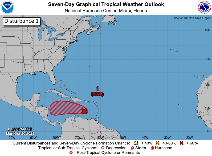 By Belize Live News Staff: A low-pressure area in the central Caribbean Sea is showing signs of organization, and forecasters say it could develop into a tropical storm later today. The system, designated AL98, is producing winds near 45 miles per hour and has begun forming a more defined circulation center. The U.S. Air Force Hurricane Hunters are expected to conduct an investigation to determine whether the disturbance has strengthened into a named storm. While the system poses no immediate threat to Belize, the National Meteorological Service (NMS) continues to closely monitor its progress. Residents are urged to stay informed as the system drifts slowly westward. Meanwhile, local weather conditions in Belize will remain partly cloudy to cloudy, with showers and isolated thunderstorms, particularly in southern and coastal areas tonight.