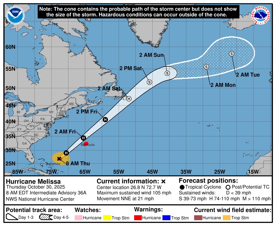 Hurricane Melissa brings storm conditions to Bermuda tonight