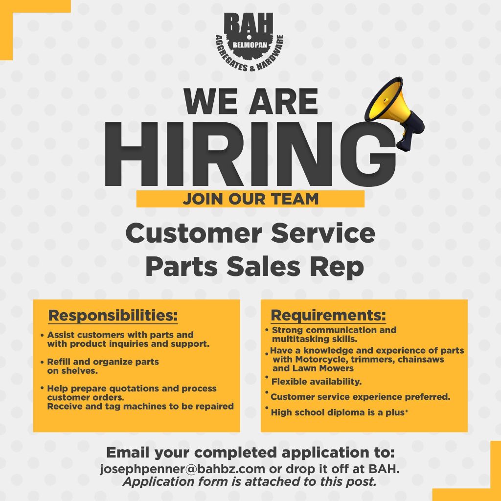 Belmopan Aggregates & Hardware invites applications for Customer Service Parts Sales Representative