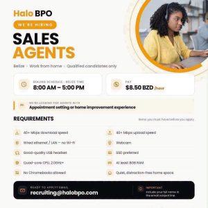 Halo BPO hiring remote sales agents at $8.50 BZD an hour