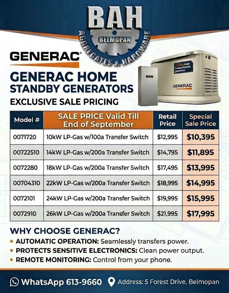 BEL warns of load shedding as Belmopan Aggregates discounts Generac units