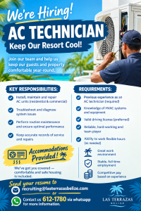 Looking for work? Las Terrazas Belize has opening for AC technician