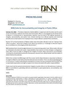 NGO network calls for zero tolerance on public trust, urges Belize to establish rules for officials facing serious charges