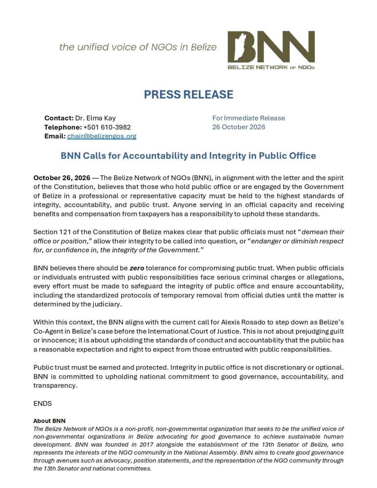 NGO network calls for zero tolerance on public trust, urges Belize to establish rules for officials facing serious charges
